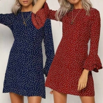 Sweet Style Trumpet Sleeve Round Neck Dots Printed Dress