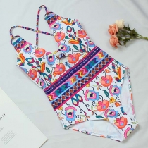 Sexy Backless Deep V-neck Printed One-piece Swimsuit