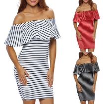 Sexy Off-shoulder Ruffle Boat Neck Slim Fit Striped Dress
