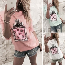 Fashion Perfume Bolltle Printed Long Sleeve Round Neck T-shirt 