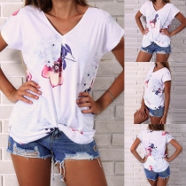 Fashion Short Sleeve V-neck Printed T-shirt 