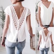 Sexy Backless V-neck Lace Spliced Short Sleeve Top 