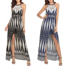 Bohemian Style Sleeveless High Waist Slit Hem Printed Maxi Dress