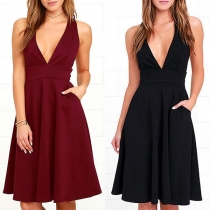 Sexy Deep V-neck Sleeveless High Waist Solid Color Dress