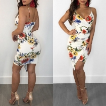 Sexy Backless V-neck Irregular Hem SLim Fit Printed Sling Dress