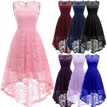 Elegant Solid Color Sleeveless Round Neck High-low Hem Lace Dress