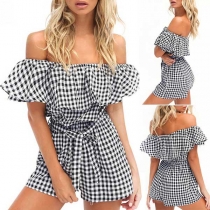 Sexy Off-shoulder Ruffle Boat High Waist Plaid Romper 