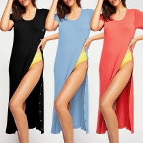 Sexy Side-slit Hem Short Sleeve Round Neck Solid Color Dress
