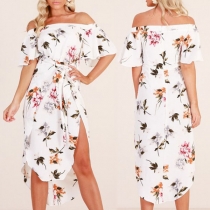 Sexy Off-shoulder Boat Neck Irregular Hem Printed Dress