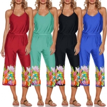Sexy Backless V-neck Elastic Waist Printed Sling Jumpsuit