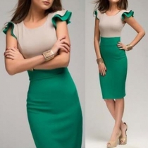 OL Style Contrast Color Lotus Sleeve High Waist Slim Fit Dress