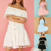 Sexy Off-shoulder Boat Neck Solid Color Tassel Spliced Dress