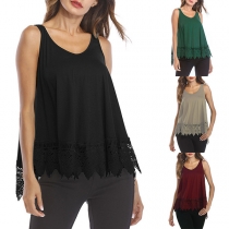 Fashion Solid Color Sleeveless Lace Spliced Hem Loose Top 