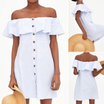 Sexy Ruffle Boat Neck Single-breasted Solid Color Dress