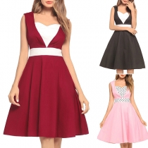 Fashion Contrast Color Sleeveless V-neck High Waist Dress