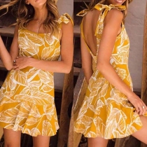 Sexy Backless Ruffle Hem Printed Sling Dress