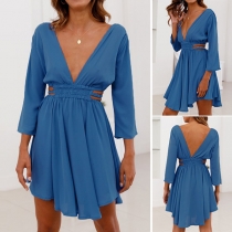 Sexy Backless V-neck Irregular Hem 3/4 Sleeve Dress