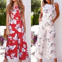 Sexy Backless Sleeveless Round Neck High Waist Printed Jumpsuit 