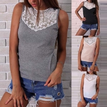 Fashion Sleeveless Round Neck Lace Spliced T-shirt 