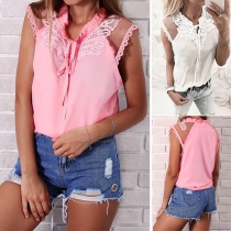 Sweet Style Sleeveless Ruffle Stand Collar Lace Spliced Blouse 