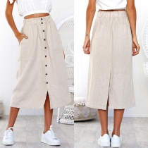 Fashion Solid Color High Waist Single-breasted Skirt 