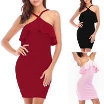 Sexy Backless Off-shoulder Solid Color Ruffle Sling Dress
