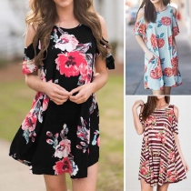 Sexy Off-shoulder Short Sleeve Round Neck Printed Dress
