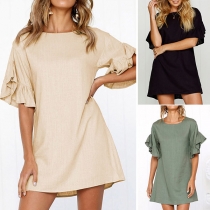 Fashion Trumpet Sleeve Round Neck Solid Color Dress