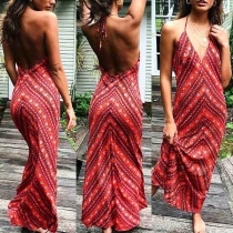 Sexy Backless Deep V-neck Printed Halter Dress