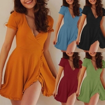 Sexy V-neck Irregular Hem Short Sleeve Solid Color Dress