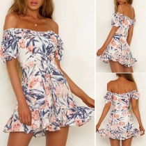 Sexy Off-shoulder Boat neck Ruffle Hem Printed Dress