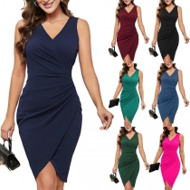 Elegant Solid Color Short Sleeve V-neck Slit Hem Dress