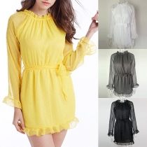 Sexy Backless Long Sleeve Solid Color Ruffle Dress