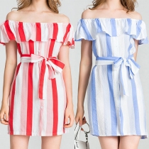 Sexy Off-shoulder Boat Neck Colorful Striped Dress