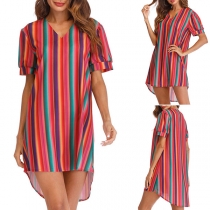 Fashion Short Sleeve V-neck High-low Hem Colorful Striped Dress