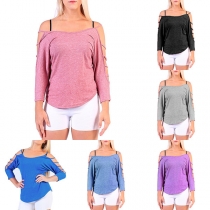 Sexy Hollow Out 3/4 Sleeve Solid Color Sling T-shirt 