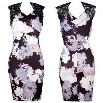 Sexy V-neck Sleeveless Lace Spliced Slim Fit Printed Dress