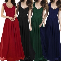 Elegant Solid Color Sleeveless High Waist Lace Spliced Party Dress