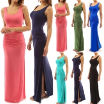 Fashion Solid Color Sleeveless Round Neck Slit Hem Maxi Dress