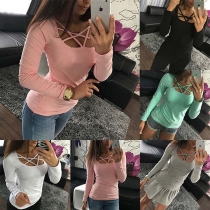 Fashion Solid Color Long Sleeve Crossover Collar T-shirt 