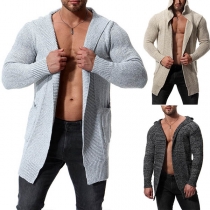 Fashion Solid Color Long Sleeve Hooded Men's Knit Cardigan