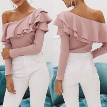 Sexy Off-shoulder Ruffle Baot Neck Long Sleeve Solid Color Top 