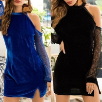 Sexy Off-shoulder Lace Spliced Long Sleeve Slim Fit Dress