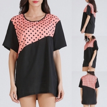 Fashion Dots Printed Spliced Short Sleeve Round Neck T-shirt Dress