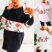 Fashion Printed Sppliced Long Sleeve Round Neck Loose T-shirt