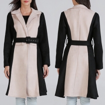 Fashion Contrast Color Long Sleeve Slim Fit Woolen Coat