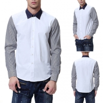 Fashion Striped Spliced Long Sleeve Contrast Color Men's Shirt
