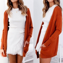 Fashion Solid Color Long Sleeve Front-pocket Knit Cardigan