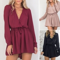 Sexy V-neck Long Sleeve Solid Color Dress
