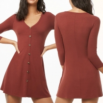 Fashion Solid Color 3/4 Sleeve V-neck Front-button Dress